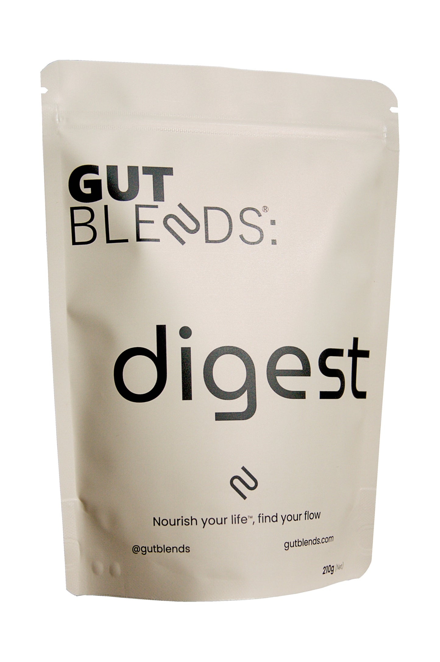 Beige packaging of Gut Blends digest product on a white background