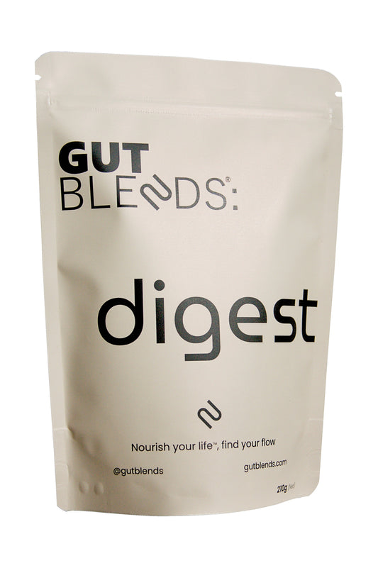 Beige packaging of Gut Blends digest product on a white background