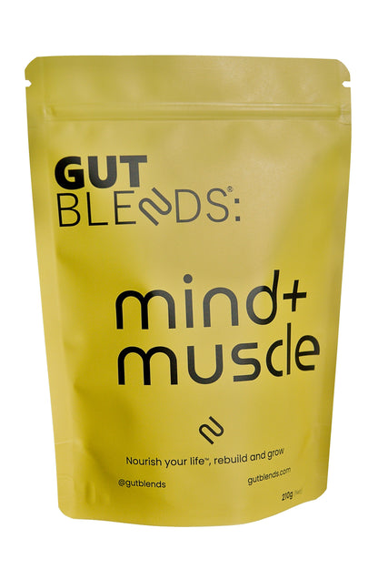 Yellow package of Gut Blends mind+muscle on a white background